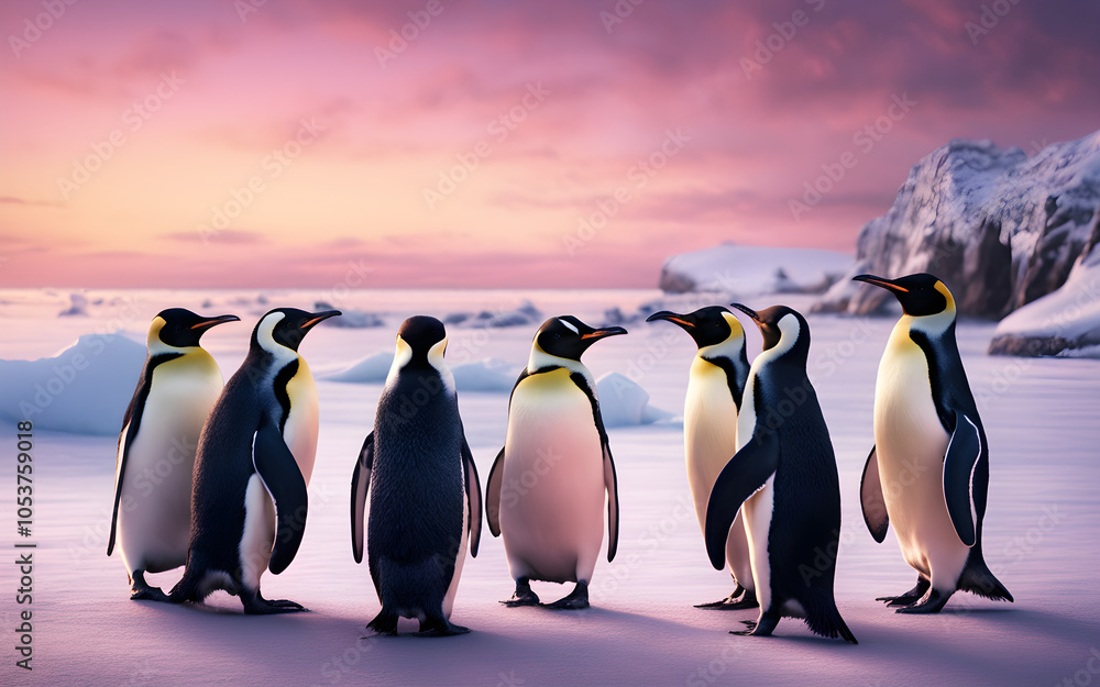 Obraz premium Penguins huddling on snowy beach under pinkish twilight sky