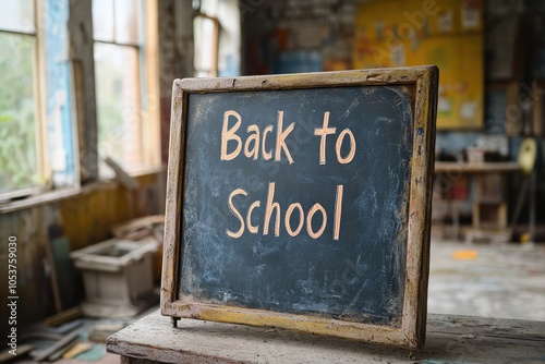 Back to school sign sitting on desk in old, abandoned classroom