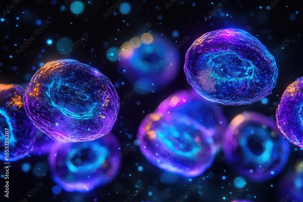 Fototapeta premium Group of glowing cells is flowing in a microscopic view