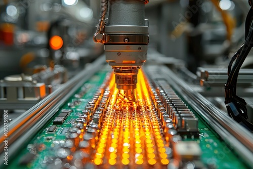 Automated Soldering Machine Assembling Circuit Board with Golden Glow photo