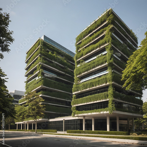 Modern office building with green trees	
