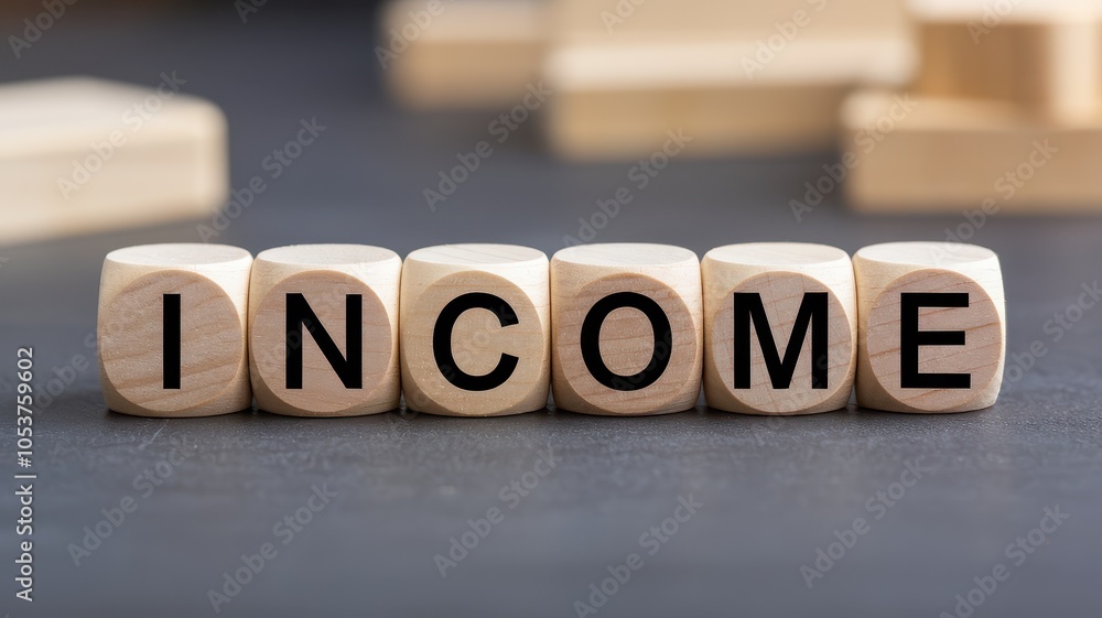 Wooden cubes spelling out the word Income arranged on a dark surface representing financial concepts earnings savings and wealth creation The image conveys the idea of financial success growth Wooden cubes spelling out the word Income arranged on a dark surface representing financial concepts earnings savings and wealth creation The image conveys the idea of financial success growth