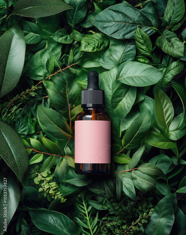Small brown glass bottle with blank pink label nestled in vibrant green foliage, creating a natural and organic environment, perfect for showcasing skincare products Small brown glass bottle with blank pink label nestled in vibrant green foliage, creating a natural and organic environment, perfect for showcasing skincare products