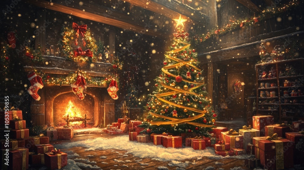 Naklejka premium A cozy Christmas scene with a decorated tree, wrapped gifts, snow falling outside, and a warm fire in the fireplace.
