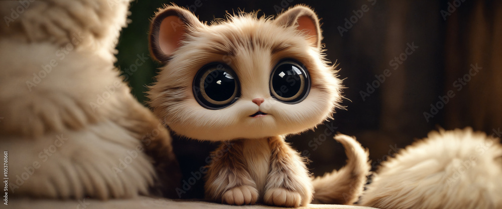 A cute, fluffy kitten with large eyes sitting on a wooden floor, surrounded by soft textures in a cozy indoor setting A cute, fluffy kitten with large eyes sitting on a wooden floor, surrounded by soft textures in a cozy indoor setting