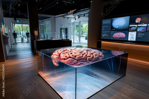 A futuristic AI lab where Artificial Empathy is at the core of research. A holographic representation of a human brain. photo