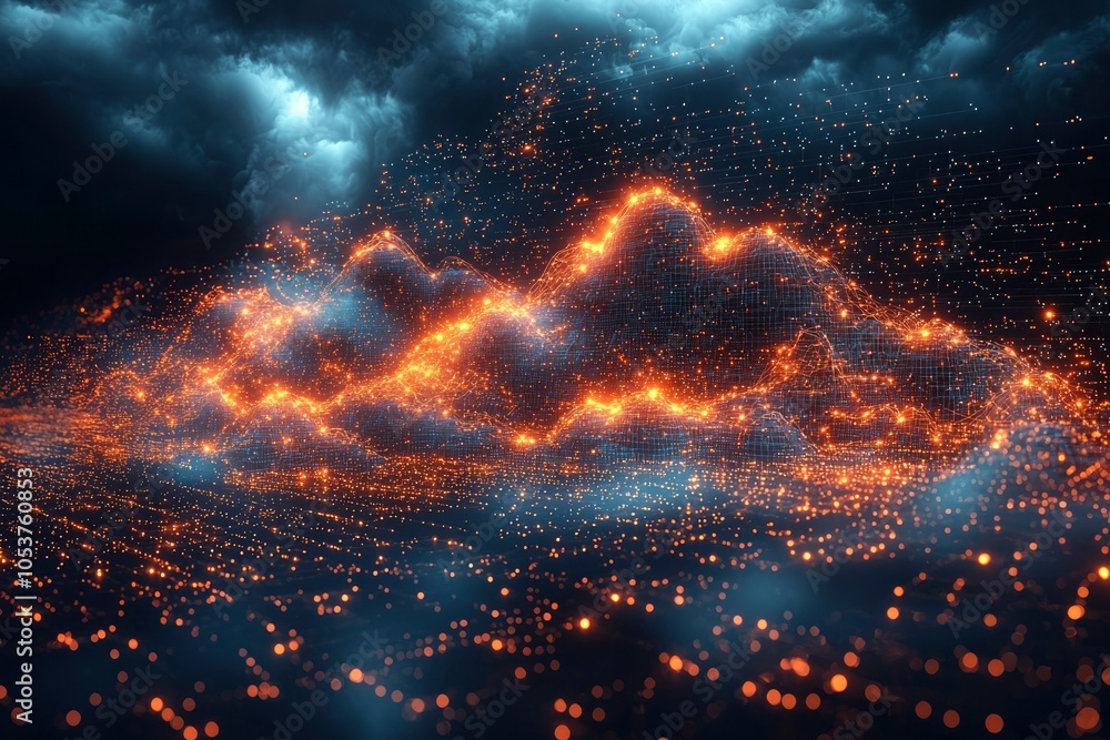 Abstract digital landscape with glowing lights and dark clouds Abstract digital landscape with glowing lights and dark clouds