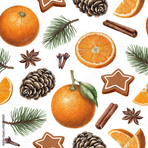 Christmas pattern design with oranges, pine tree cones, branches, spices and cookie. Hygge time. Perfect for wrapping paper, packaging design, seasonal textile 