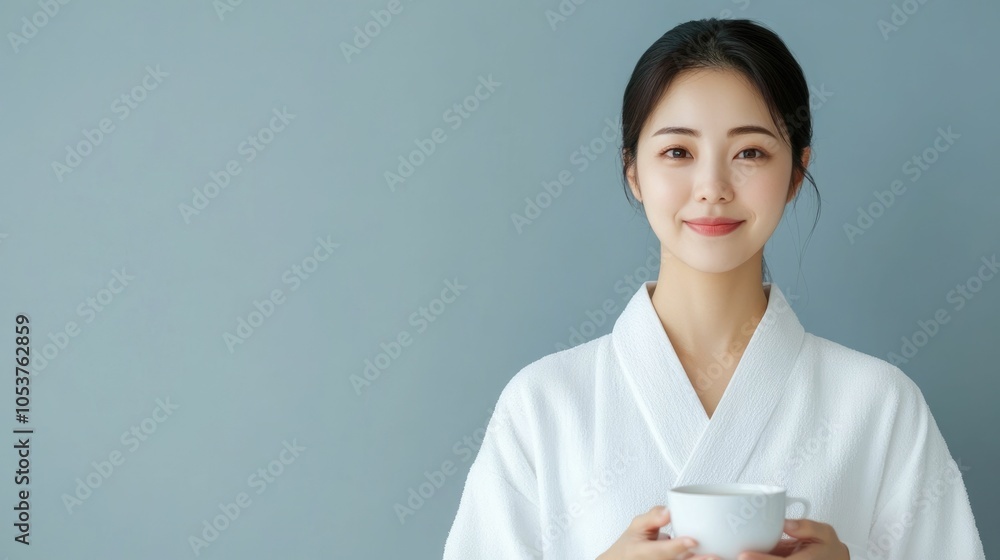 Serene Korean Woman in White Robe Sipping Calming Tea and Savoring a Moment of Relaxation and Self Care After a Rejuvenating Massage Treatment Serene Korean Woman in White Robe Sipping Calming Tea and Savoring a Moment of Relaxation and Self Care After a Rejuvenating Massage Treatment