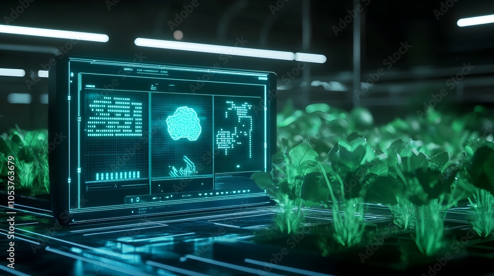 Futuristic digital interface with glowing neon data visualization and holographic plant landscape Conceptual image of intelligence virtual reality and advanced technology Futuristic digital interface with glowing neon data visualization and holographic plant landscape Conceptual image of intelligence virtual reality and advanced technology