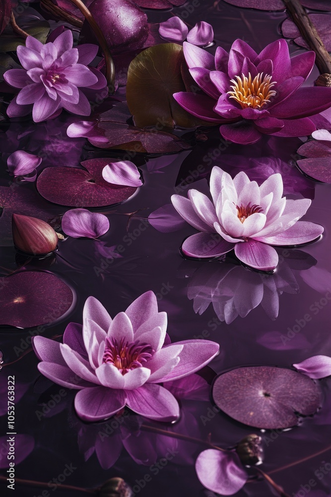Vibrant water lilies floating on a still pond surface Vibrant water lilies floating on a still pond surface