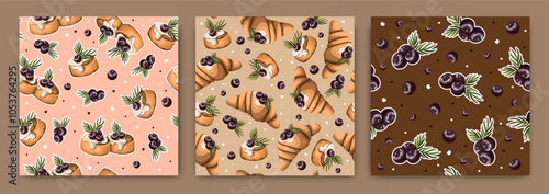 Seamless patterns with blueberry desserts. Prints with Souffle and croissants with cream. Vector.