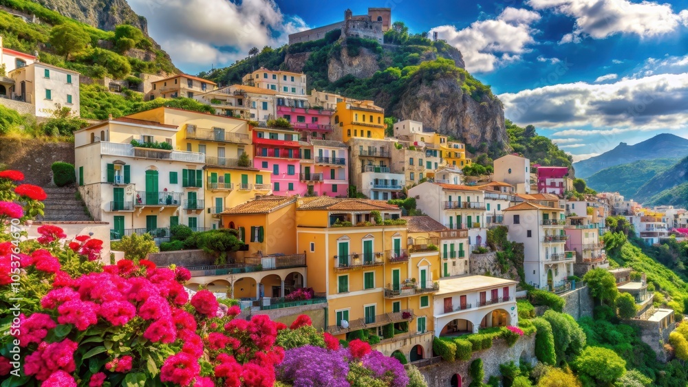 Obraz premium Scenic Italian town on the Amalfi coast with terraced houses adorned with colorful flowers , Amalfi Coast, Italy