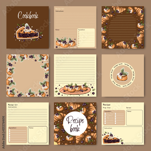Templates for a recipe book. The blank pages for your dessert recipes. Cookbook. Vector.
