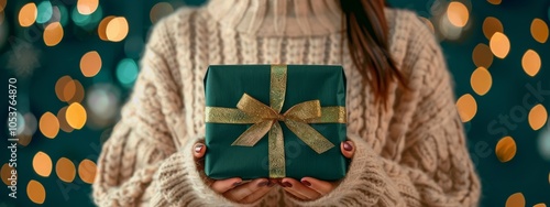 A woman in a voluminous sweater, Christmas atmosphere vibe against of festive background banner, bokeh garland lights. Hands holding a green craft present box with a golden ribbon and bow, warm colors photo