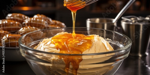 Golden syrup being poured over a creamy base in a glass bowl, creating a sweet and indulgent dessert