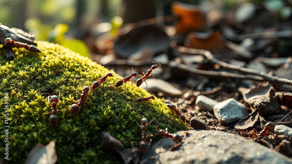 Ants Moving on Green Moss in Nature Ants Moving on Green Moss in Nature