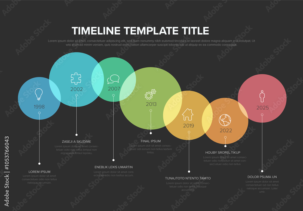 Rainbow color circles on the time line - multipurpose infographic timeline template