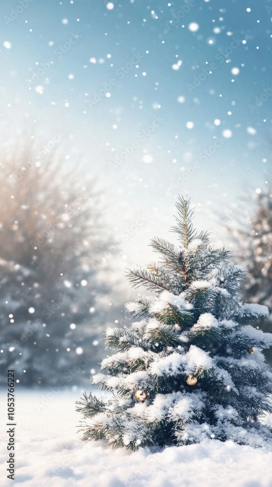 A small pine tree covered in snow stands in a snowy field. Concept of tranquility and peacefulness, as the tree stands alone in the midst of the snow A small pine tree covered in snow stands in a snowy field. Concept of tranquility and peacefulness, as the tree stands alone in the midst of the snow