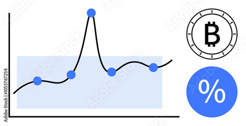 Bitcoin symbol, percentage sign, and a line graph with data points showing market trends and fluctuations. Ideal for finance, cryptocurrency, investment, economic studies, data analysis, statistical