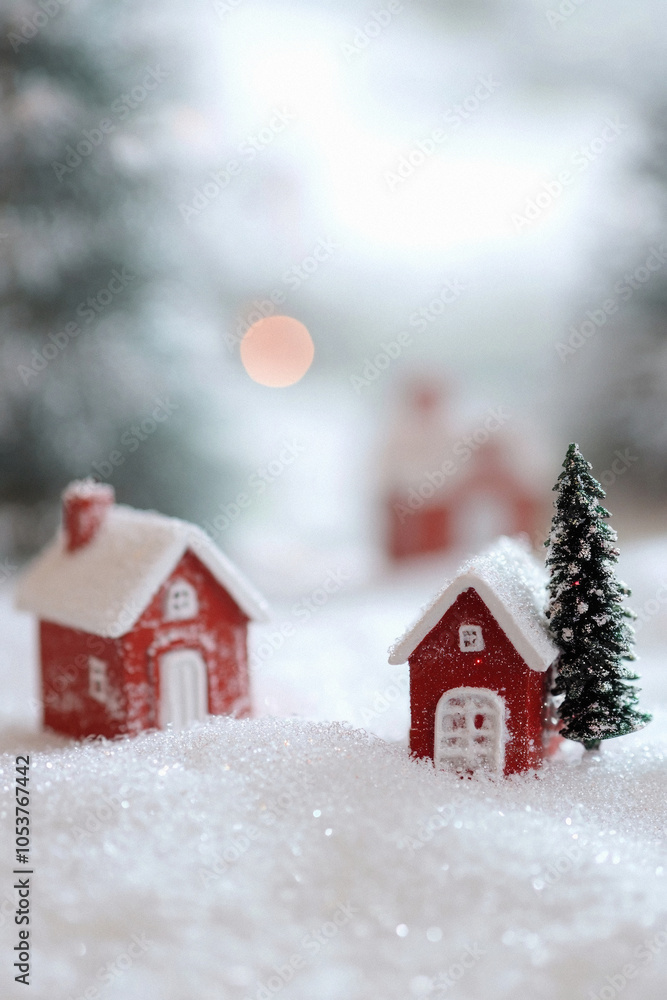 Fototapeta premium A small red house with a white roof is surrounded by snow. A small tree is in the snow next to the houses. The scene is peaceful and serene