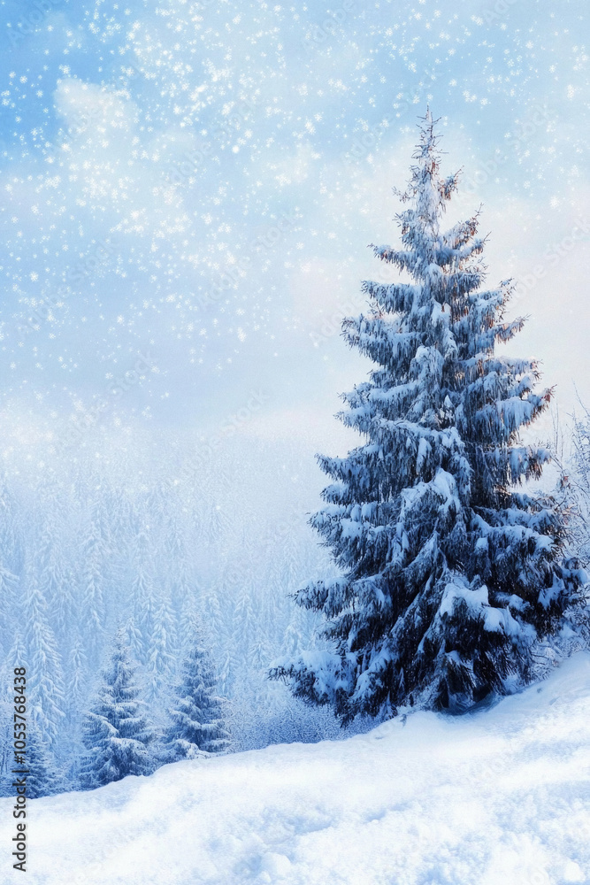 A snow covered pine tree stands in a snowy field. The sky is clear and blue, and the snowflakes are falling gently. The scene is peaceful and serene, with the tree providing a sense of stability A snow covered pine tree stands in a snowy field. The sky is clear and blue, and the snowflakes are falling gently. The scene is peaceful and serene, with the tree providing a sense of stability