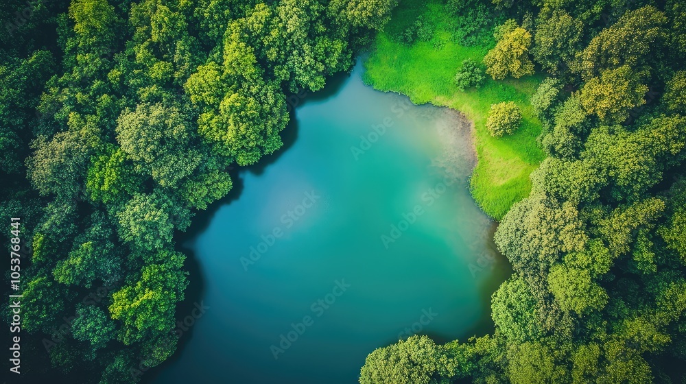 Naklejka premium A breathtaking aerial view of a serene lake encircled by a lush forest, showcasing the tranquility and beauty of a natural oasis