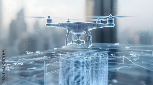 Fototapeta Naklejka Na Ścianę i Meble -  3D Scanning Drone Over Skyscraper in Real Time