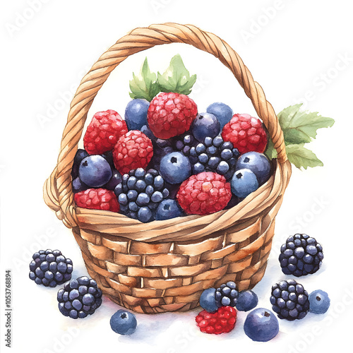 basket full of berries, red berries illustration, watercolor
