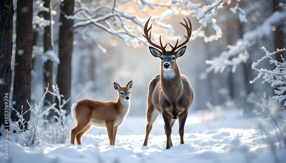 A small group of deer standing quietly in a snowy forest clearing, bathed in soft morning light that highlights their breath against a serene winter landscape A small group of deer standing quietly in a snowy forest clearing, bathed in soft morning light that highlights their breath against a serene winter landscape