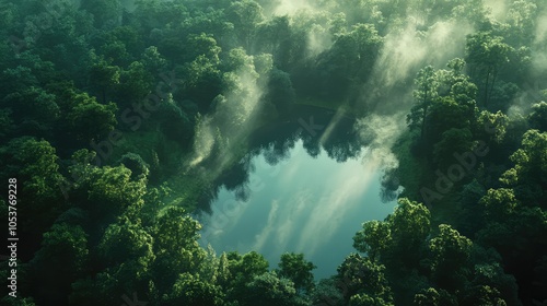 A stunning overhead shot of a forest with a tranquil lake nestled within, highlighting the interplay of trees and water under soft sunlight