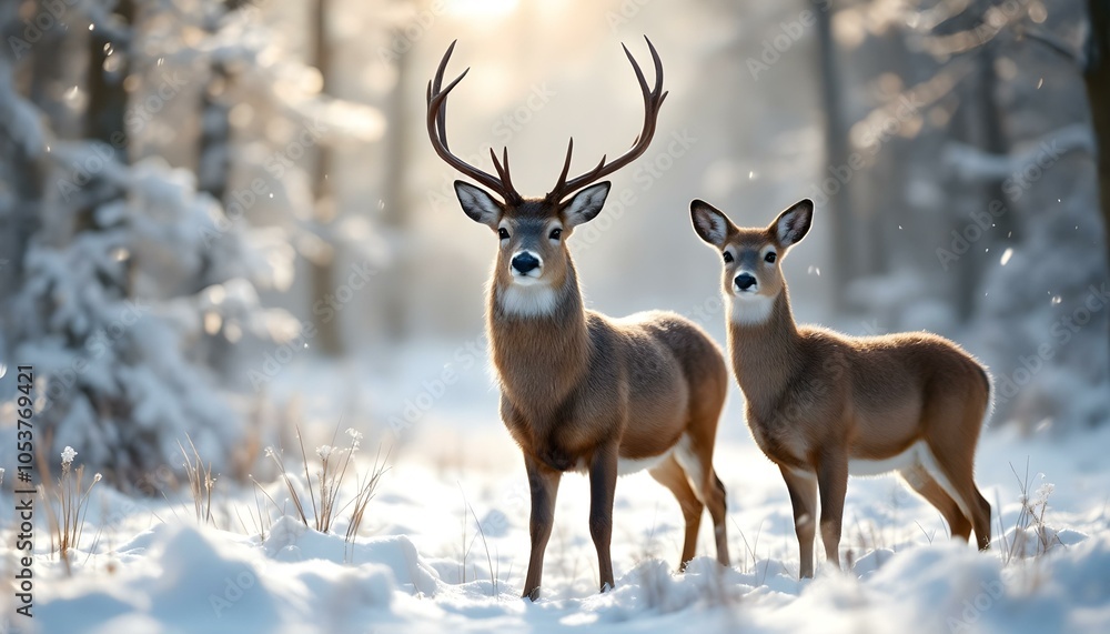 A small group of deer standing quietly in a snowy forest clearing, bathed in soft morning light that highlights their breath against a serene winter landscape A small group of deer standing quietly in a snowy forest clearing, bathed in soft morning light that highlights their breath against a serene winter landscape
