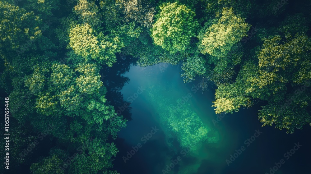 A vibrant overhead photograph of a forest and lake, where the interplay of light and shadow enhances the lush greenery and clear water A vibrant overhead photograph of a forest and lake, where the interplay of light and shadow enhances the lush greenery and clear water
