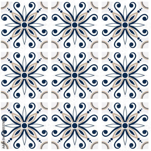 Wallpaper Mural 	Seamless vector pattern with ceramic flower tiles in vintage style. Torontodigital.ca