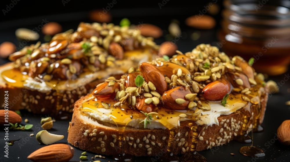 Honey Glazed Toast with Toasted Almonds and Seeds, Drizzled with Sweet Nectar Honey Glazed Toast with Toasted Almonds and Seeds, Drizzled with Sweet Nectar