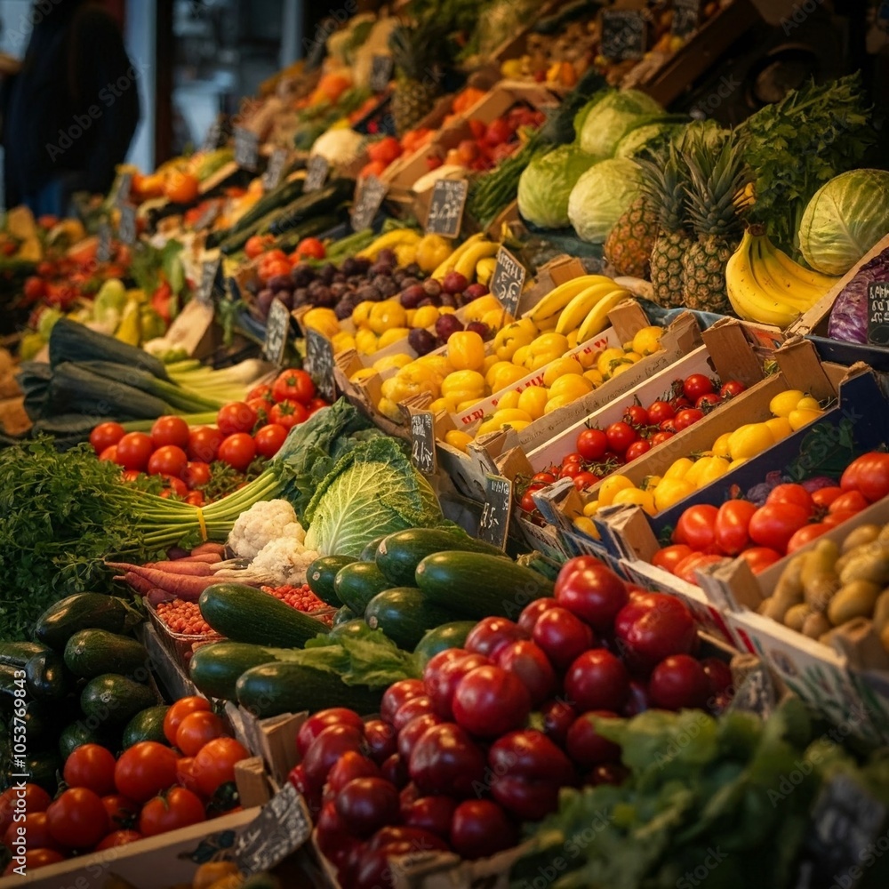 A vibrant display of fresh produce at a market, with colorful fruits and vegetables arranged in an appealing manner. A vibrant display of fresh produce at a market, with colorful fruits and vegetables arranged in an appealing manner.