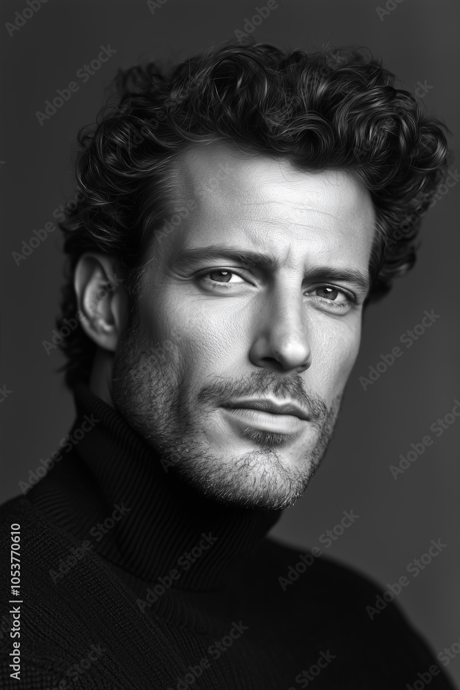 Fototapeta premium Black-and-white photograph of a charismatic masculine Italian man with curly hair, wearing a black turtleneck sweater