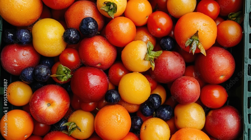 Vibrant assortment of fresh ripe organic fruits and vegetables including tomatoes peppers oranges and blueberries arranged in a rustic textured setting  The image represents a healthy