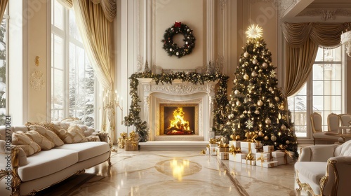 A cozy holiday living room with a fireplace, decorated tree, and festive ambiance.