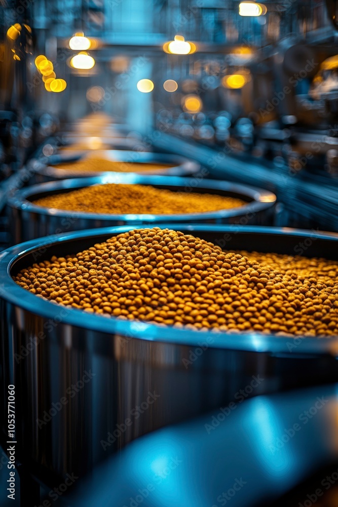 Close-up of Brown Pellets in a Stainless Steel Bowl in a Factory Setting Close-up of Brown Pellets in a Stainless Steel Bowl in a Factory Setting