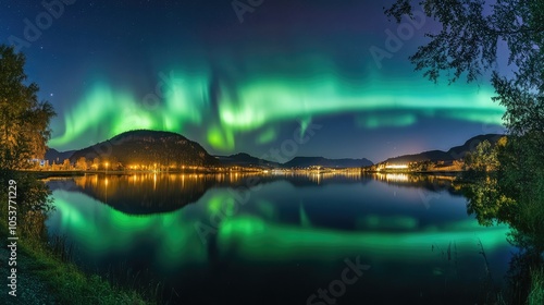 An awe-inspiring image from the stratosphere showing the aurora borealis, with bright green lights and a calm lake reflecting the night