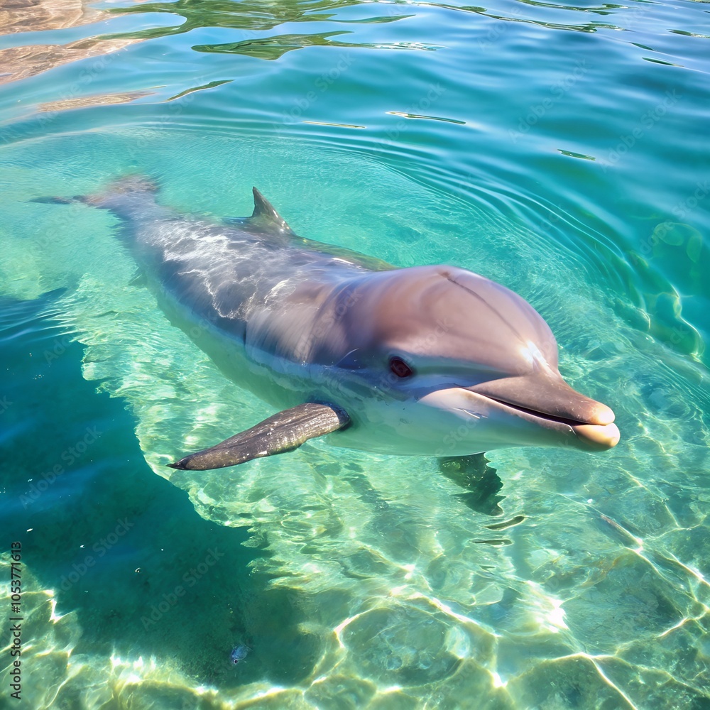 Fototapeta premium A curious swimming dolphin in the clear sea water