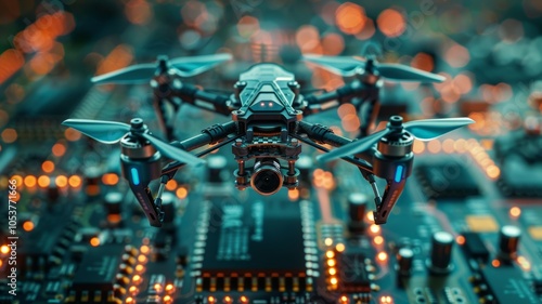 Futuristic drone flying over circuit board with glowing lights and microchips.