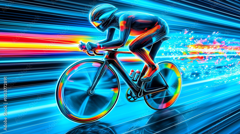 Fototapeta premium A cyclist in a neon suit speeds through a colorful blur..