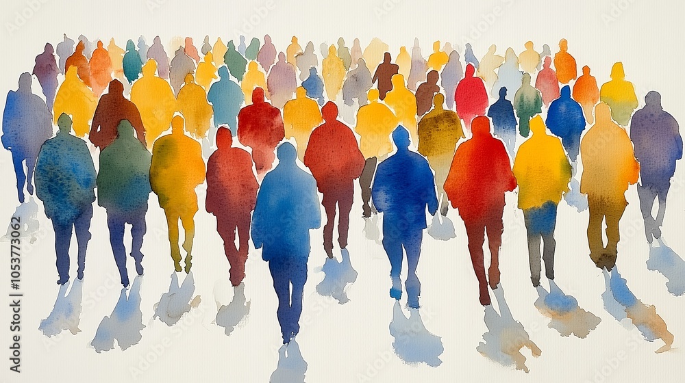 Obraz premium A watercolor painting of a crowd of people walking away.