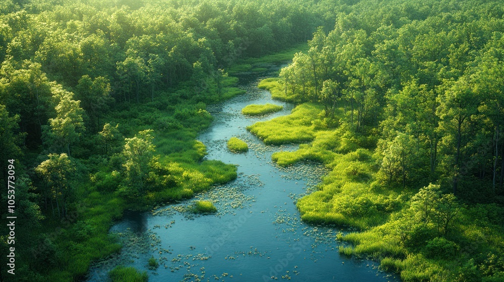 Aerial View of a Winding River Flowing Through a Lush Green Forest Aerial View of a Winding River Flowing Through a Lush Green Forest