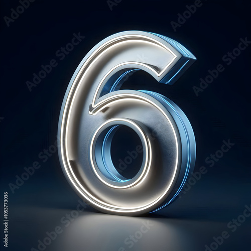 3d silver neon number 6 isolated