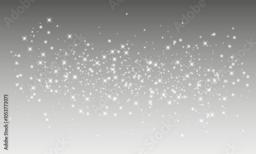 Glittering vector dust on transparent background. Glittering white lights. Christmas Holiday glow particle. Magic star effect. Shine background. Festive party design