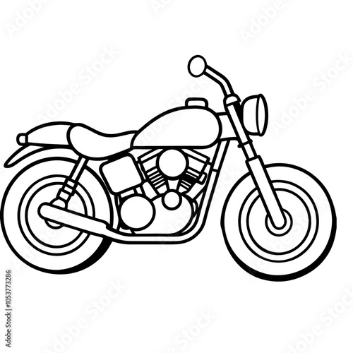 Outline illustration of a motorcycle in black and white, showcasing its design