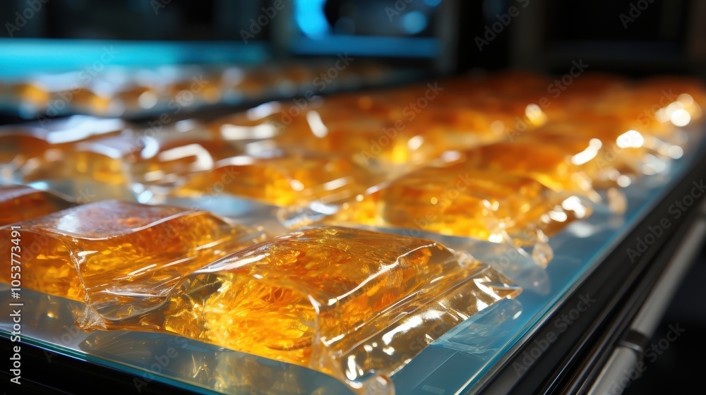 A conveyor belt carries rows of clear, sealed pouches filled with a luminous, golden substance, each pouch resembling a miniature treasure chest. A conveyor belt carries rows of clear, sealed pouches filled with a luminous, golden substance, each pouch resembling a miniature treasure chest.